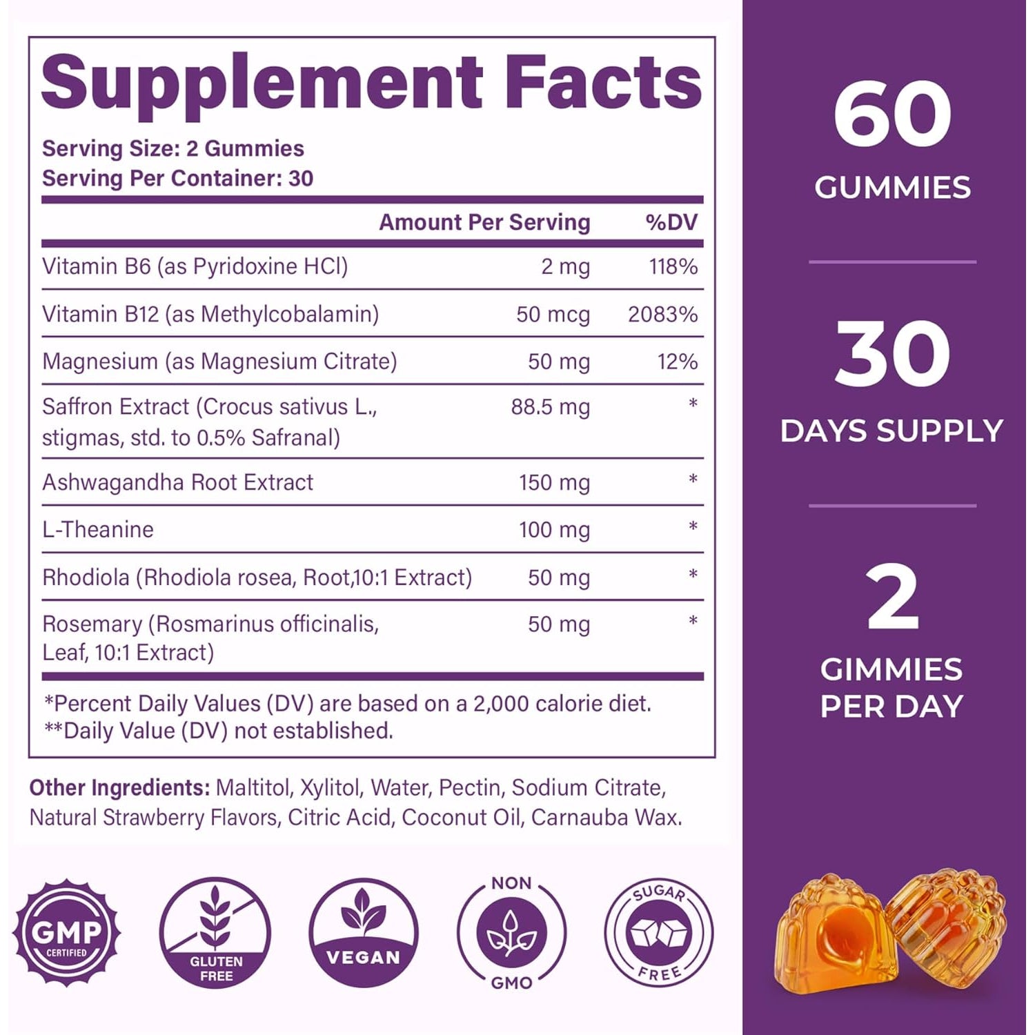Saffron Supplements Gummies for Adults, 88.5Mg Pure Saffron Extract with Magnesium, Ashwagandha, L-Theanine, Rhodiola, Rosemary, Vitamin B6, B12 for Mood, Focus, Calm, Zzz - 60 Count