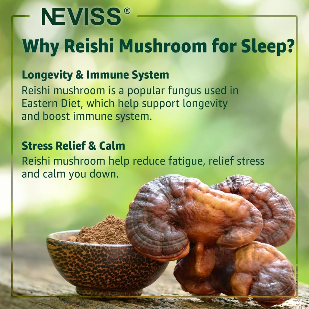 NEVISS Reishi Mushroom Sleep Gummies - Melatonin Free Sleep Gummies for Adult | Reishi, Saffron, Magnesium, GABA & Chamomile - Non-Habit Forming, Help for Deep Relaxation - Vegan, Berry Flavor, 1Pack