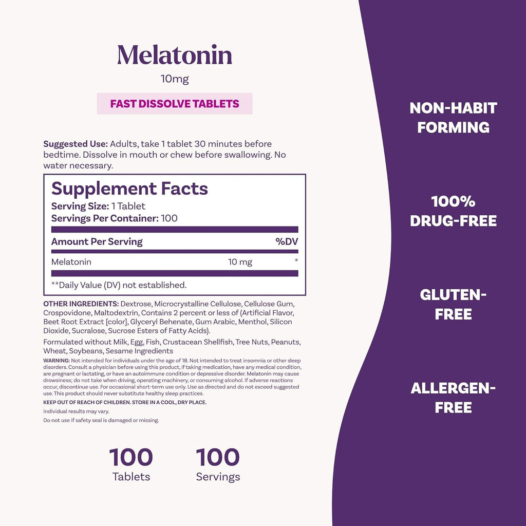 Natrol Melatonin 10Mg Fast Dissolve Tablets - Strawberry Flavor, 100 Count, Sleep Support, Fast Dissolve Melatonin for Adults, 100-Day Supply