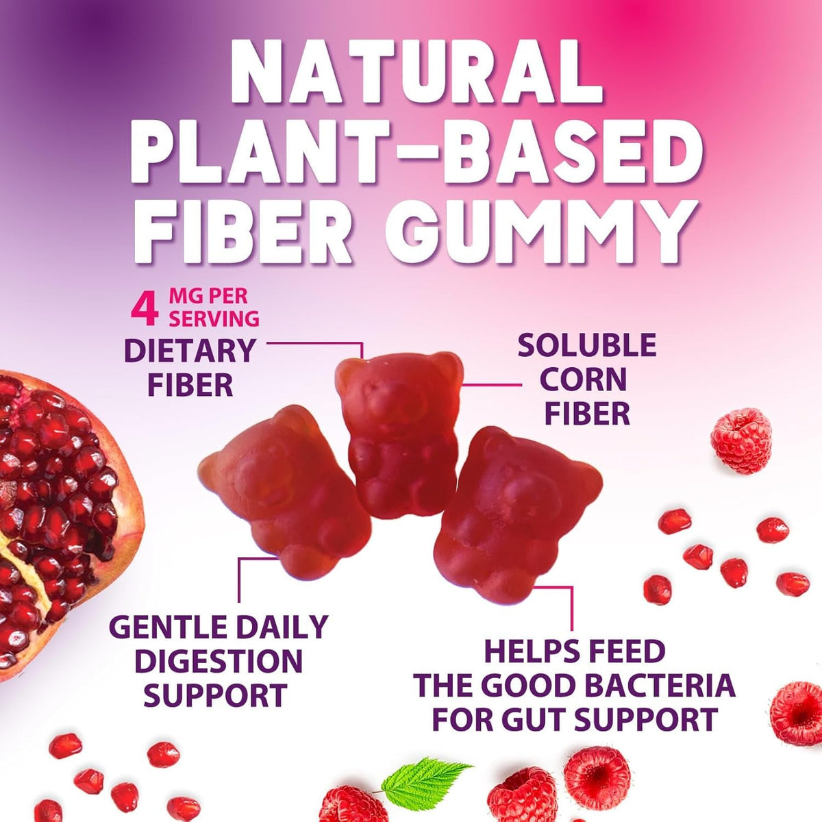 Fiber Gummies – Sugar Free Prebiotic Plant-Based Fiber 4G per Serving Supplement - Improved Soluble Formula Supports Digestive Health & Regularity - Non-Gmo, Natural Berry Flavor Chewable - 60 Gummies