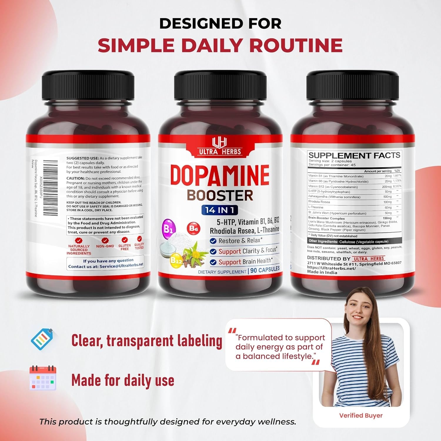 Dopamine Focus Supplement Ashwagandha 5-HTP Rhodiola Rosea St. John'S Wort - Increase Memory Clarity Focus Restore Relax with VIT B1, B6, B12, L-Theanine