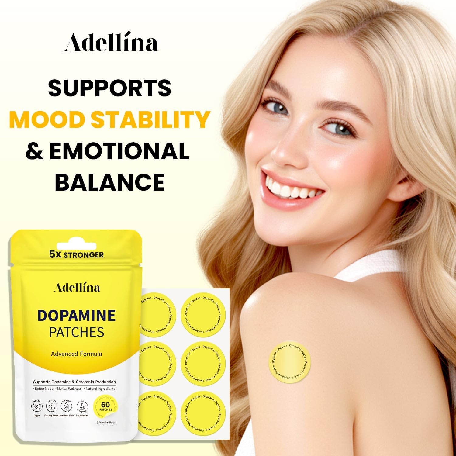 Adellina Dopamine Patches Extra Strength 60 Count: Mood Boost Patches for Daily Mental Wellness - Supports Dopamine & Serotonin Balance for Men Women, 2Months Pack
