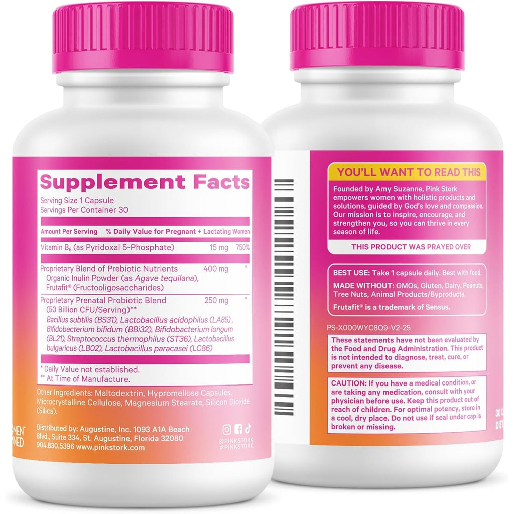 Pink Stork Prenatal Probiotic for Women with 50 Billion CFU | Vitamin B6 & Prebiotics | Pregnancy Probiotics for Morning Sickness | Digestive, Immune, & Gut Health | Vegan & Gluten-Free | 30 Capsules