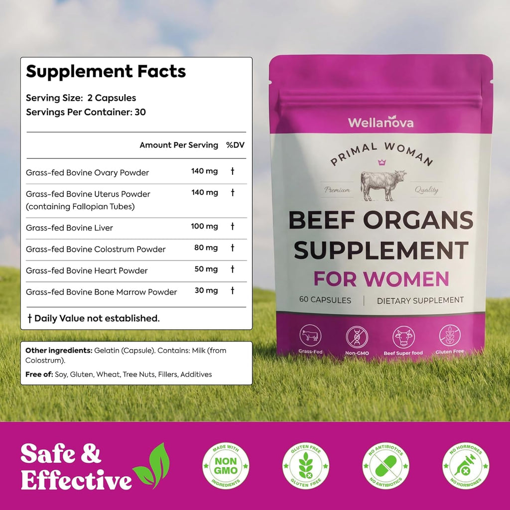 Primal Beef Organ Supplement for Women, Grass-Fed Ancestral Superfood Supplement with Uterus & Liver for Hormone Balance & Queen Energy - 60 Day Supply