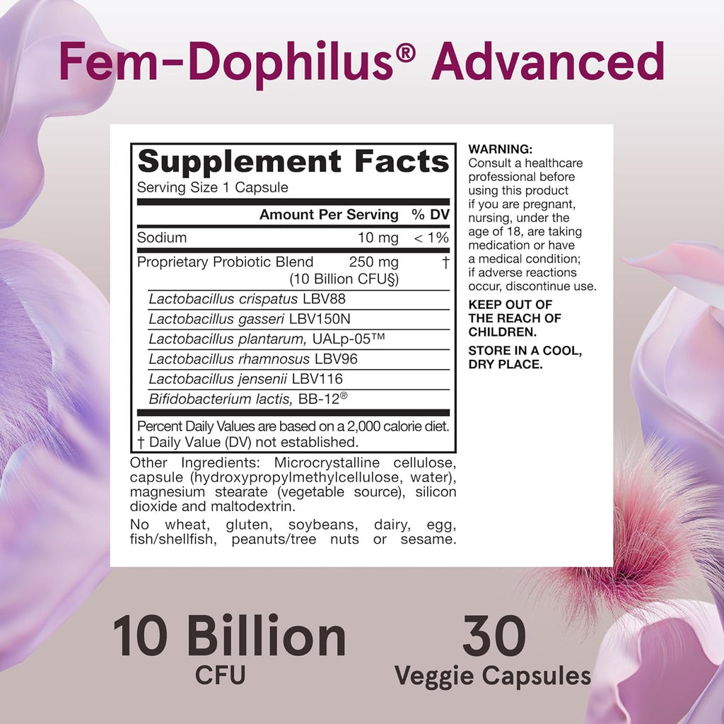 Jarrow Formulas Fem-Dophilus Advanced Vaginal & Digestive Probiotics 10 Billion CFU with 6 Science Backed Strains, for Vaginal, Urinary Tract, Digestive & Immune Support, 30 Capsules, Shelf-Stable