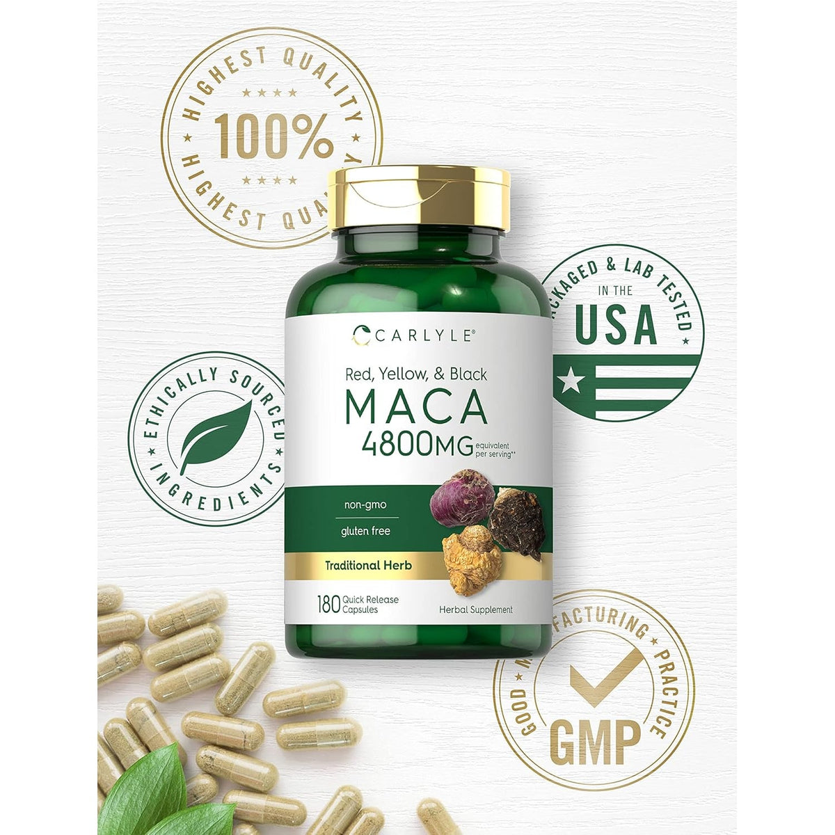 Carlyle Maca Root Capsules for Women & Men | 180 Count | High Potency Extract | Non-Gmo & Gluten Free Supplement