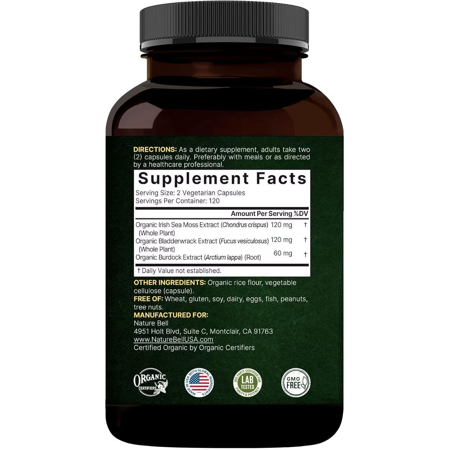 Naturebell 3-In-1 Sea Moss - 240 Vegetarian Capsules - Sea Moss Complex with Organic Bladderwrack & Organic Burdock Root - Healthy Digestion, Vitality & Immune Support*