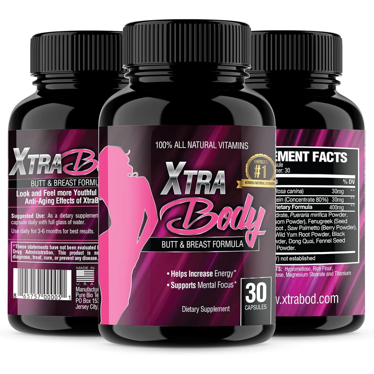 Xtrabody Butt Enhancement and Breast Enlargement Supplement - Estrogen Enhancer - Increases Butt & Breast Size, Reduces Menstrual Symptoms & Provides an Extra Boost of Energy (1 Bottle=30 Capsules)
