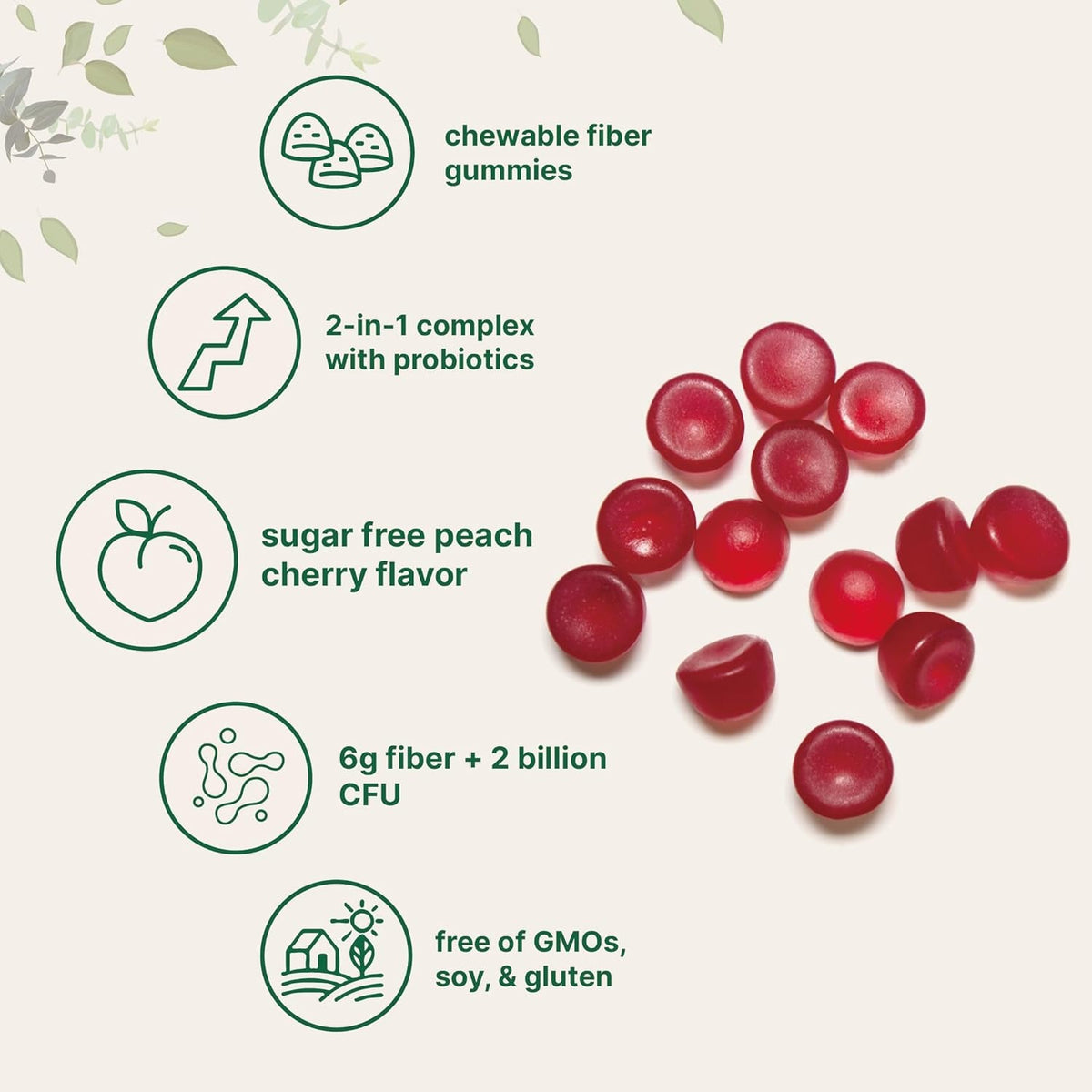 Micro Ingredients Fiber Gummies with Probiotics, 120 Count | 6G per Serving + 2 Billion CFU | Sugar Free Peach Cherry Flavor | High Fiber Supplement for Women & Men | Non-Gmo, Gluten Free