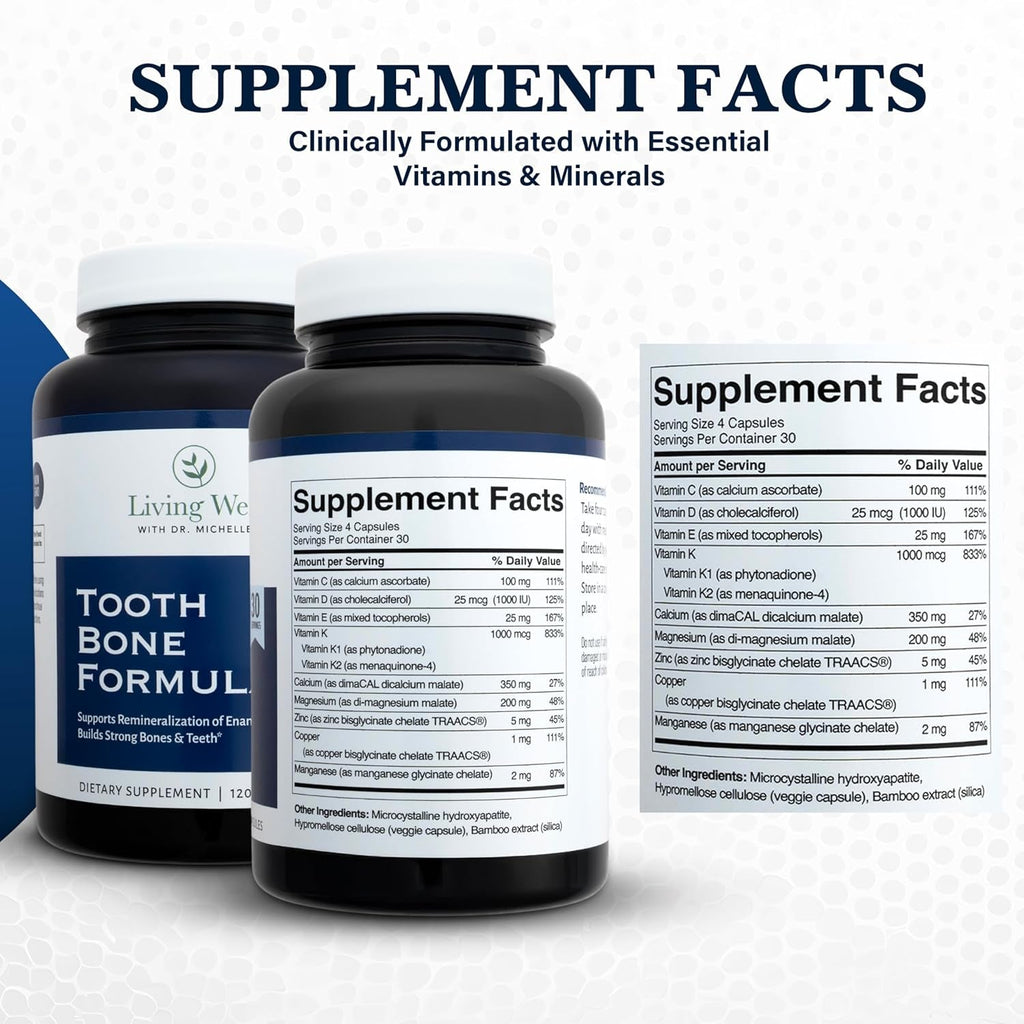 Living Well with Dr. Michelle Tooth & Bone Formula - Supplement with Calcium for Bone Strength & Tooth Enamel Support, D3 + K2, 120 Capsules, Non-Gmo, Gluten-Free
