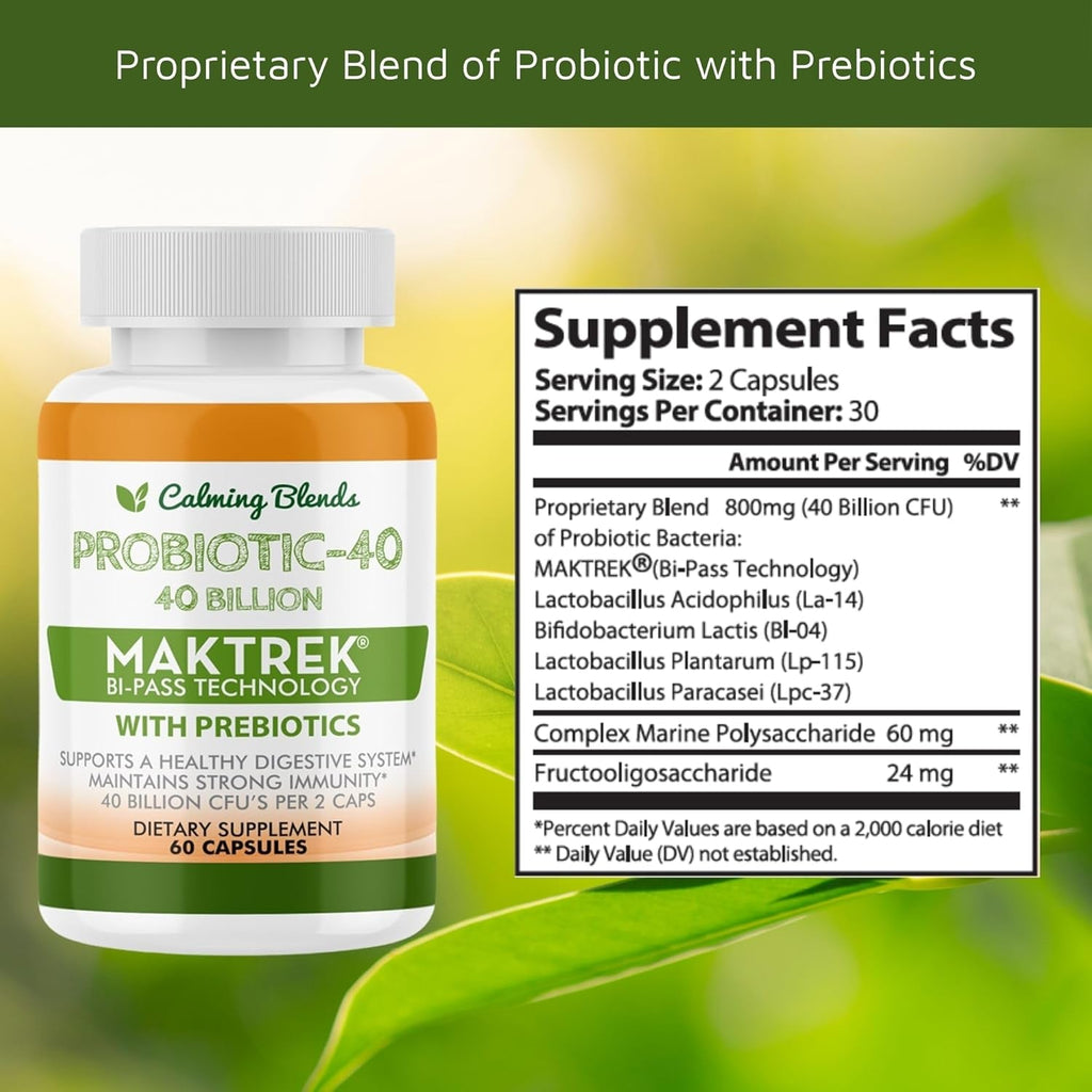 CALMING BLENDS Probiotic, 40 Billion CFU, Bi-Pass Delivery System for Maximum Effectiveness, Shelf Stable, 60 Vegetable Capsules
