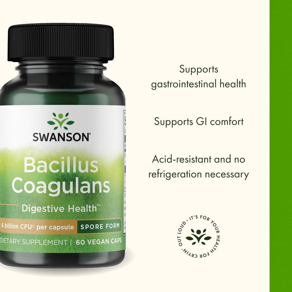 Swanson Bacillus Coagulans Spore-Form Probiotic for Adults Seeking Shelf-Stable Digestive Support with 6 Billion CFU - Acid-Resistant (60 Vegan Capsules)
