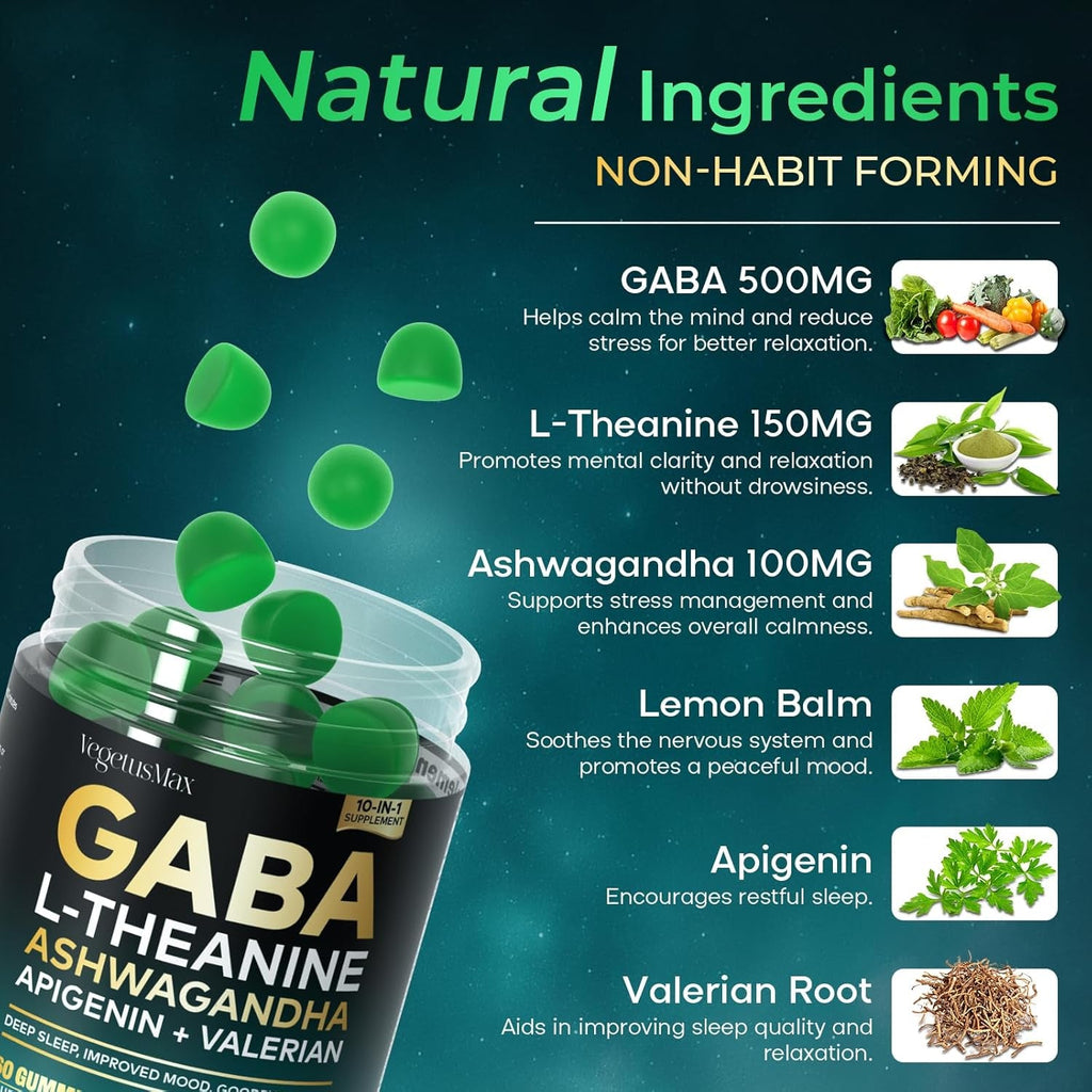 GABA Gummies 500Mg Sugar-Free Calm Gummies with L Theanine, Ashwagandha, Magnesium, Vitamins D3, B6, Melatonin-Free for Calm, Mood, Zzz, GABA Supplement for Adult, Blueberry 60 Count (Pack of 1)