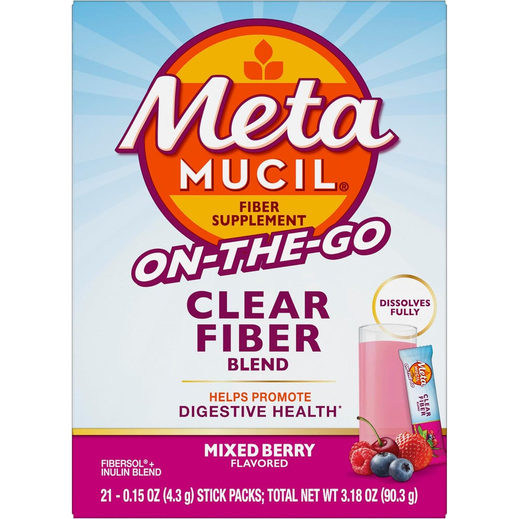 Metamucil Fiber Supplement, Clear Mixing Fiber Powder Stick Packs, Mixed Berry Flavor, on the Go, Plant Based Prebiotic Fiber Supplement Blend for Daily Digestive Health, 21 Stick Packs
