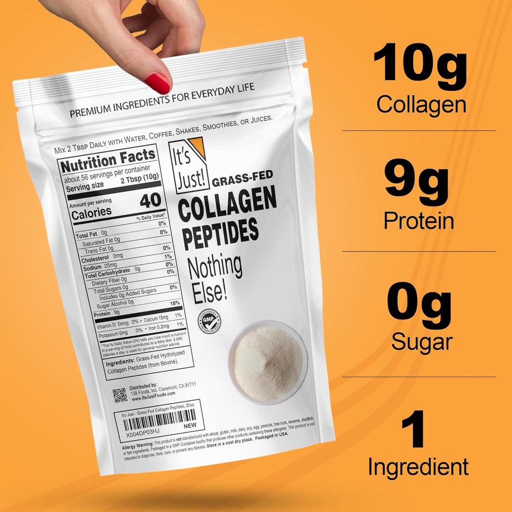 It'S Just! - Collagen Peptides (1.25Lb) Grass-Fed Protein Powder, Unflavored, GLP-1 Friendly, Heavy Metal Tested by 3Rd Party Lab, Type I & III, Hydrolyzed to Dissolve Quickly, 20Oz