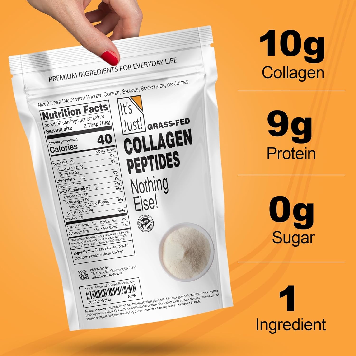 It'S Just! - Collagen Peptides (1.25Lb) Grass-Fed Protein Powder, Unflavored, GLP-1 Friendly, Heavy Metal Tested by 3Rd Party Lab, Type I & III, Hydrolyzed to Dissolve Quickly, 20Oz