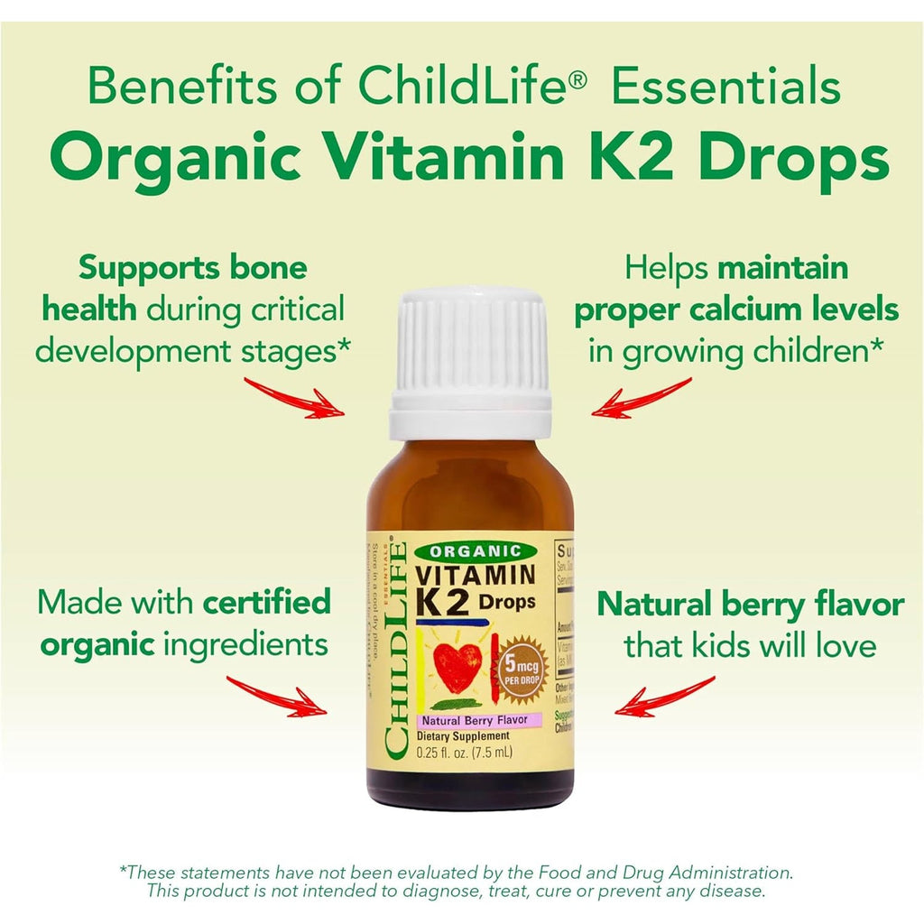 Childlife Essentials Organic Vitamin K2 Drops - Infant Toddler Baby Vitamin K, K2 Supplement for Kids, Liquid K2 as MK7, Vitamin K Drops - Natural Berry Flavor, 0.25 Fl Oz (Pack of 1)
