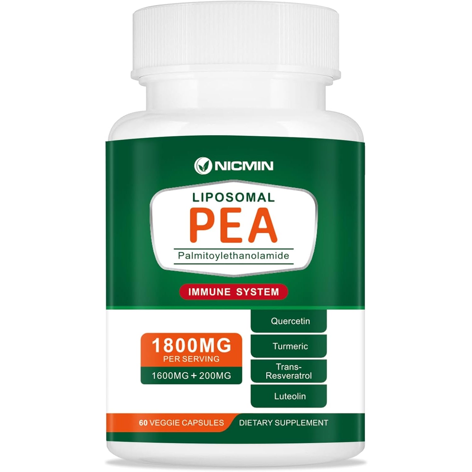 1600MG Palmitoylethanolamide 99% with Luteolin & Quercetin, High Absorption, Pea Supplement 60 Capsules