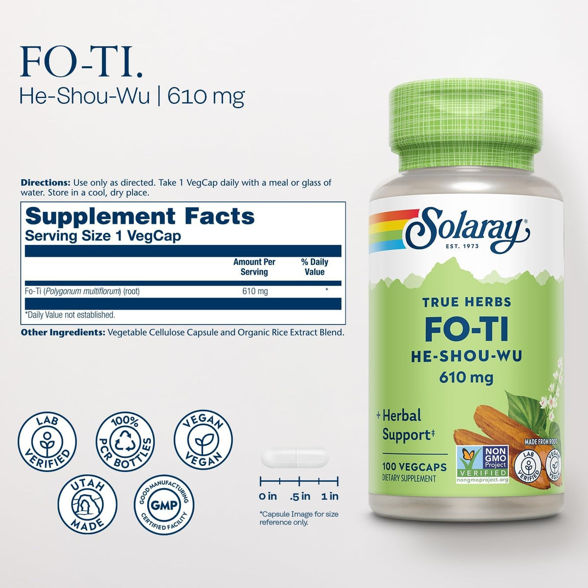 SOLARAY Fo-Ti Capsules - Chinese Herbal Supplement for Men & Women, Support for Herbal Wellness, Vegan, Non GMO, & Lab Verified, 610 Mg - 100 Servings, 100 Veg Caps
