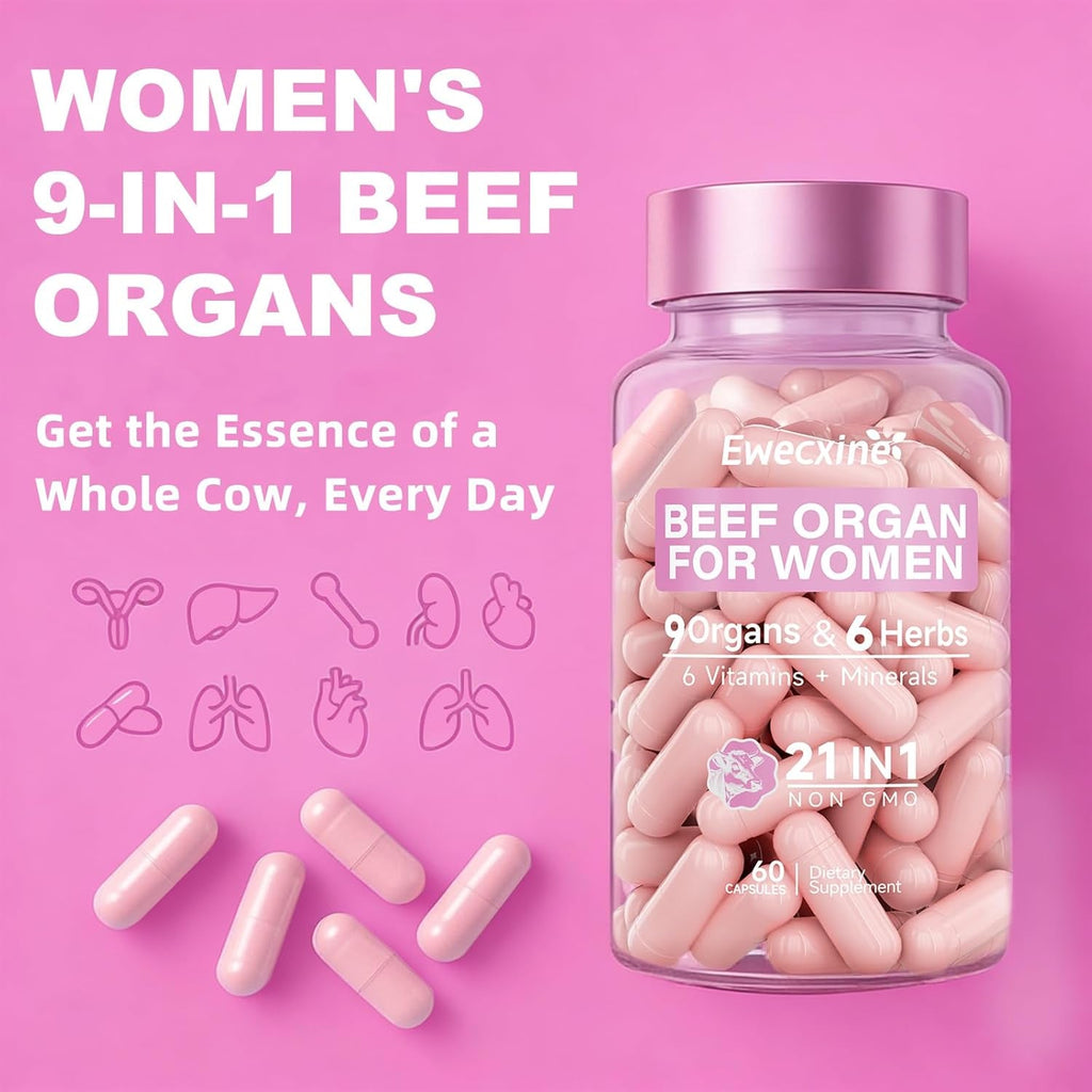 Beef Organ Supplement for Women | 9-Organ Formula with Herbal Support, Liver, Uterus, Ovary, Heart & Kidney for Feminine Balance & Energy | New Zealand Grass-Fed | 60 Capsules