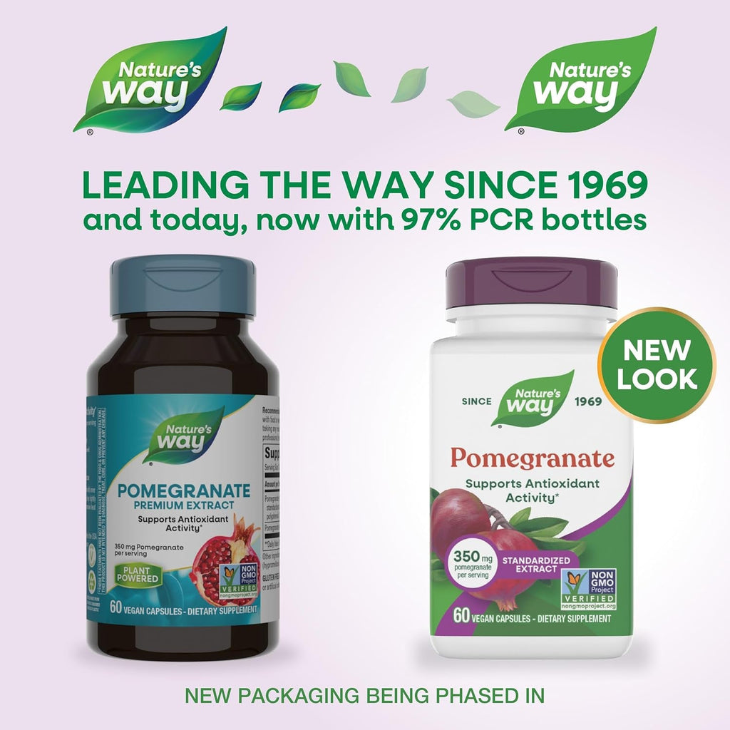 Nature'S Way Pomegranate, Supports Antioxidant Activity*, Standardized Extract, 350 Mg per Serving, Non-Gmo Project Verified, Vegan, 60 Capsules (Packaging May Vary)