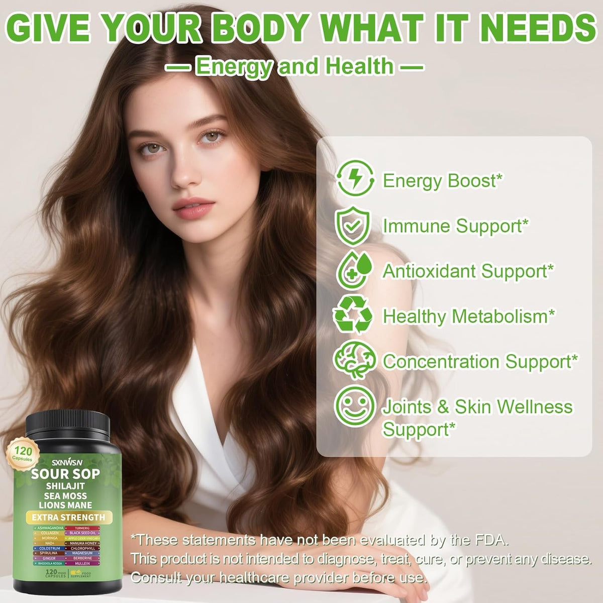 Soursop Supplement with Ashwagandha Sea Moss Lions Mane Turmeric Shilajit - Graviola Complex Capsules for Antioxidant, Brain & Joint & Skin Support | 120 Vegan Capsules