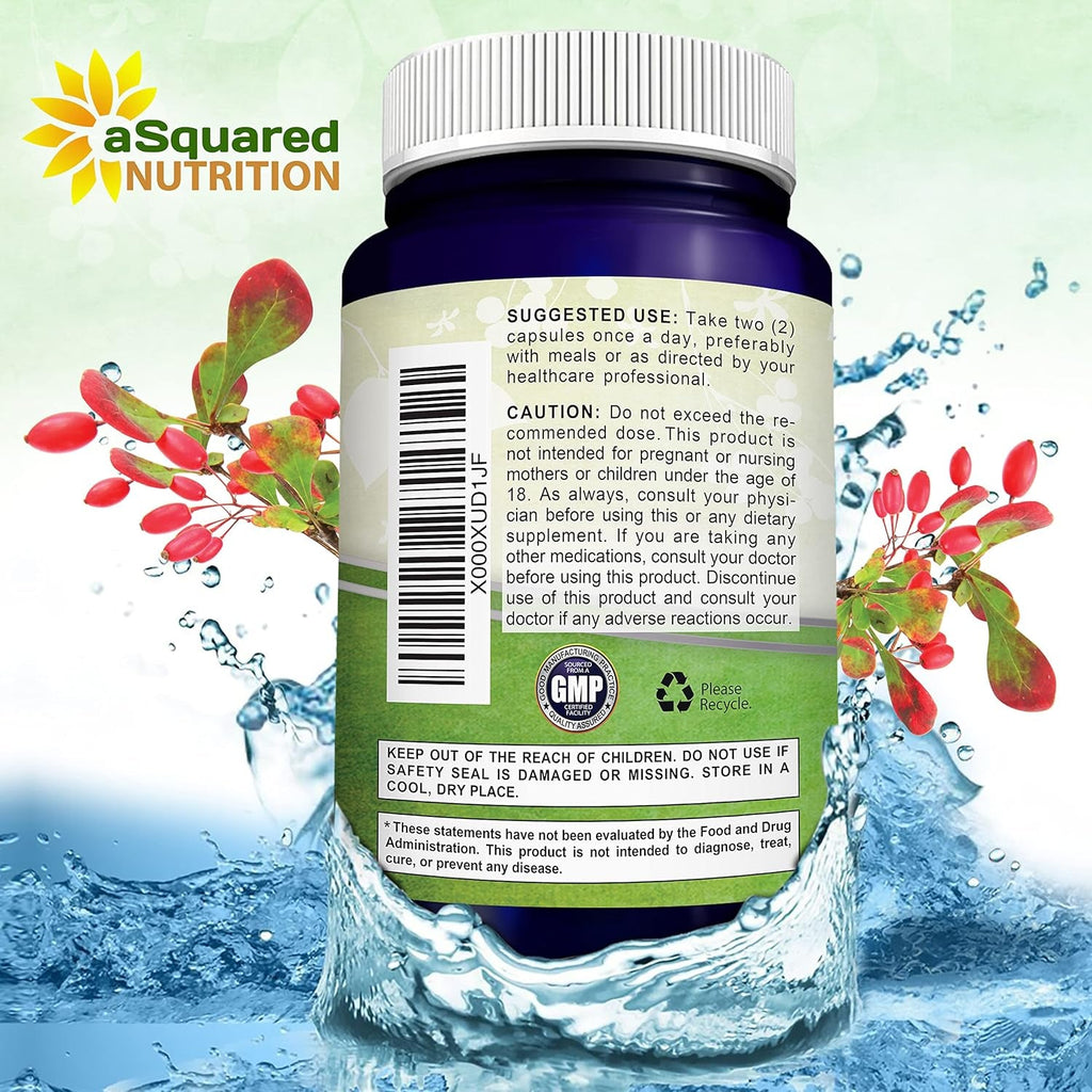 Asquared Nutrition Pure Berberine 1000Mg Supplement - 180 Veggie Capsules, Natural Berberine Hydrochloride HCL Plus, Max Strength 1000 Mg (2X 500Mg), Potent Berberine Vegan Extract