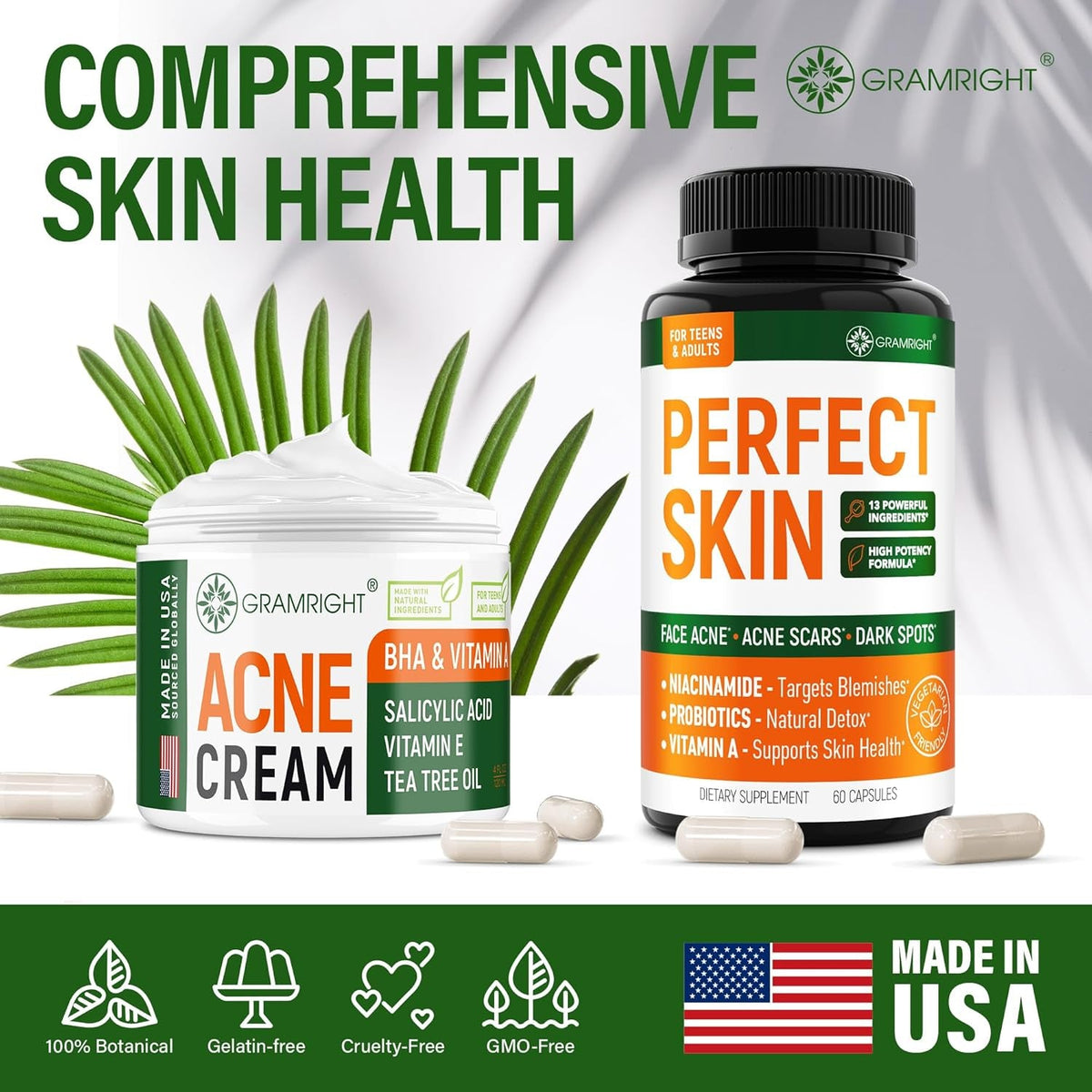 Perfect Skin Acne Pills - Clear Skin Supplement with Niacinamide, Probiotic, Zinc & Vitamin a - anti Acne Vitamins for Teens, Men & Women - Support for Face & Back Acne, Acne Scars - 60 Capsules