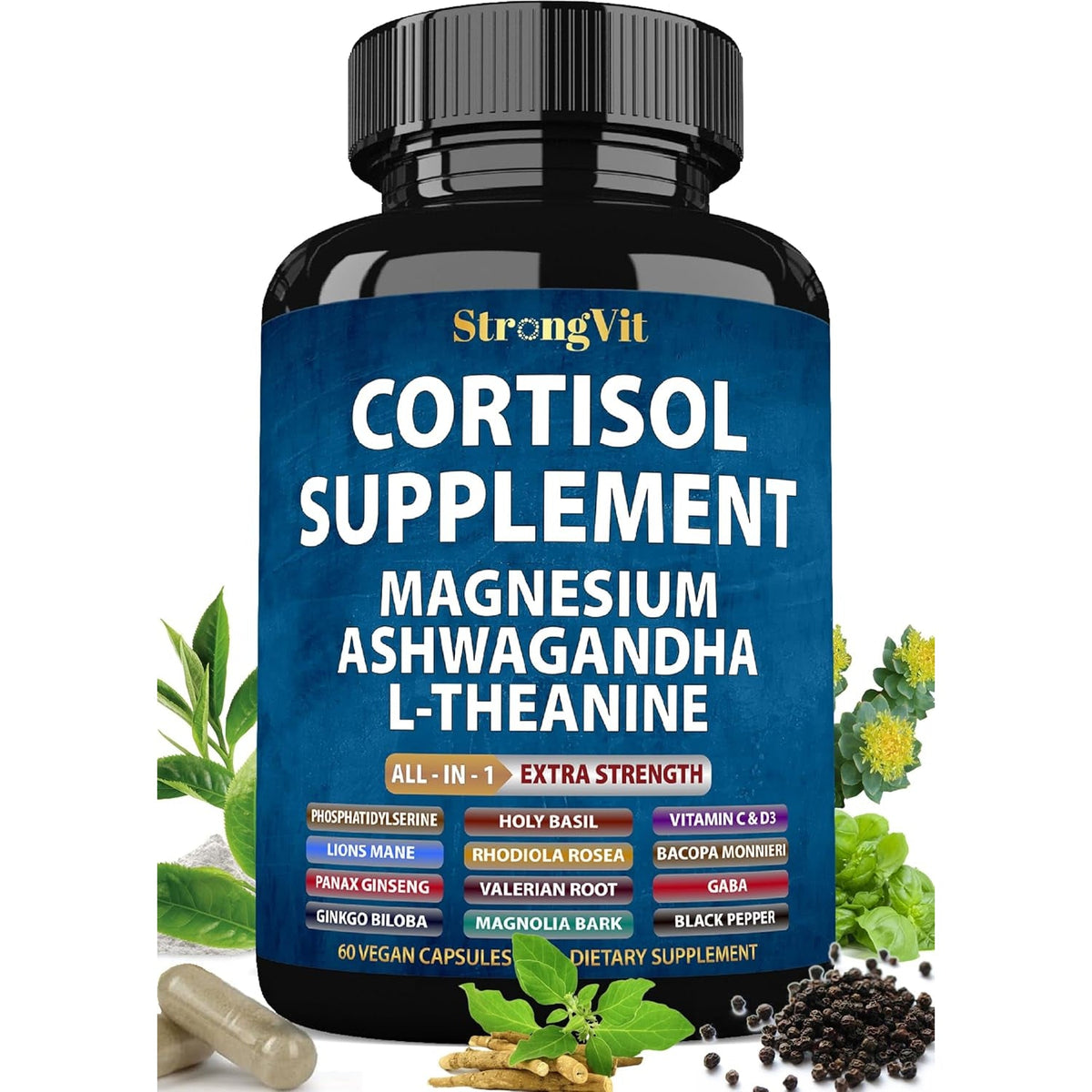 Strongvit Cortisol Supplements for Women and Men with Magnesium, Ashwagandha & L-Theanine. High Cortisol Reducer, Manager, Detox, Lower and Control. Sleep Support & Stress Relief, USA