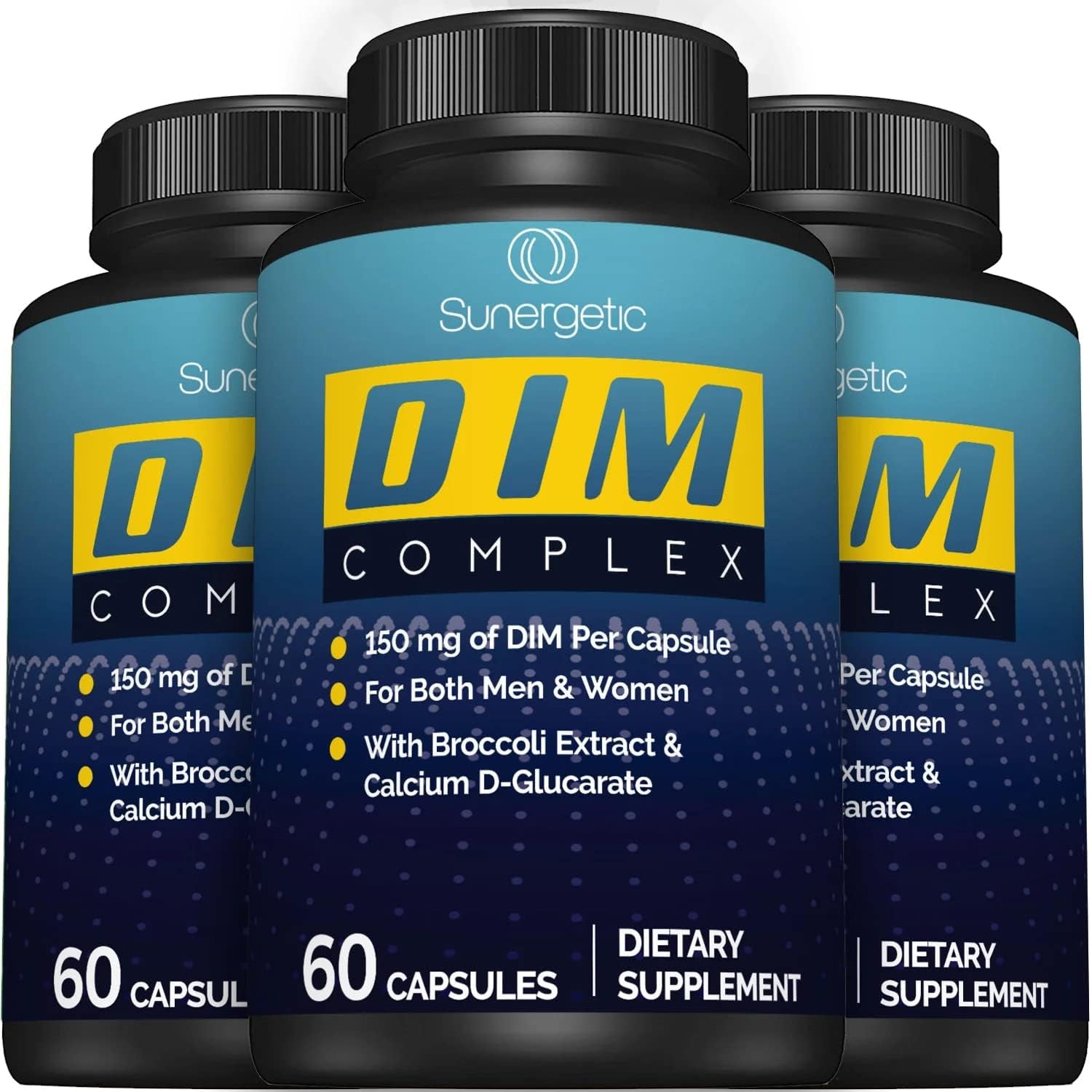 Sunergetic Premium DIM Supplement – 150Mg Diindolylmethane, Broccoli, Calcium D-Glucarate & Bioperine for Men & Women – DIM Complex for Menopause Support & Balance - 60 Capsules