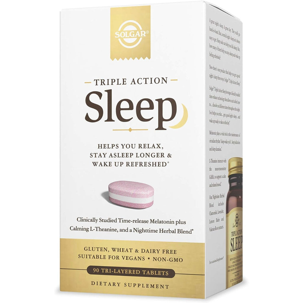 Solgar Triple Action Sleep, 90 Tri-Layer Tablets - Time-Release Melatonin & L-Theanine plus Herbal Blend - Helps You Relax - Non-Gmo, Gluten Free - 90 Servings