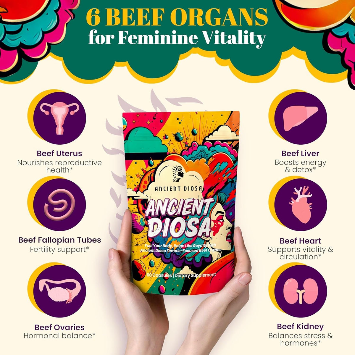 Grass Fed Beef Liver Capsules - Female-Focused Organ Supplement with Liver, Heart, Ovary & Uterus - Supports Hormone Balance & Vitality, Whole Body Wellness - 60 Capsules
