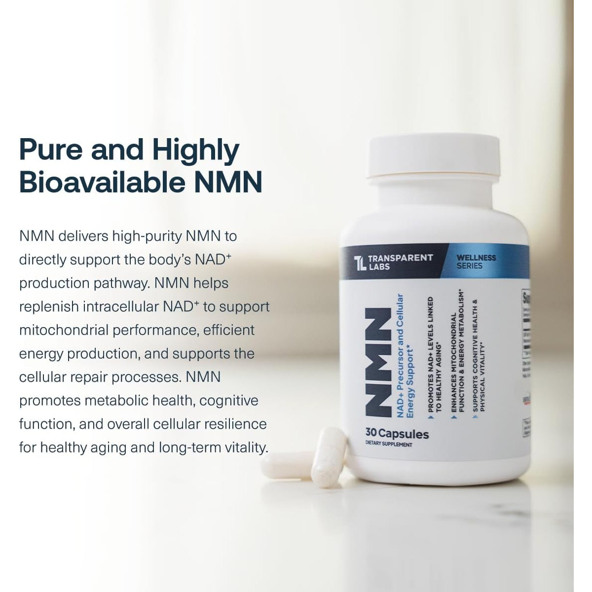 Transparent Labs NMN Supplement for NAD+ Levels - NAD Supplement with 600 Mg Nicotinamide Mononucleotide to Support Healthy Aging, Cellular Energy Production, & Metabolic Balance - 30 Count