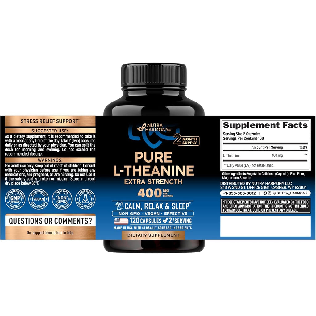 L Theanine 400 Mg | L-Theanine Stress Relief | Extra Strength Supplement | Lab Tested | Relaxation, Sleep & Calm Support | for Men & Women | Plant Based, Non-Gmo & Gluten-Free | 120 Vegan Capsules