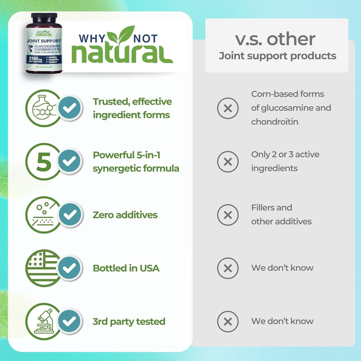 Why Not Natural Glucosamine Chondroitin, MSM, Joint Support Supplements - Knee Pain Joints Health Suppplement