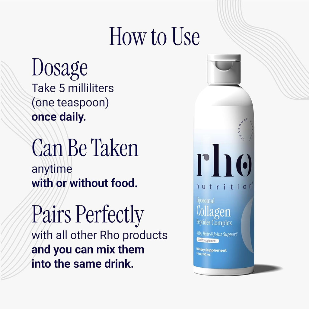 Rho Nutrition Liposomal Collagen Peptides - High-Absorption Liquid Collagen Supplement - Supports Skin Elasticity, Joint Health, and Overall Vitality for Healthy Aging, 5 Fl Oz