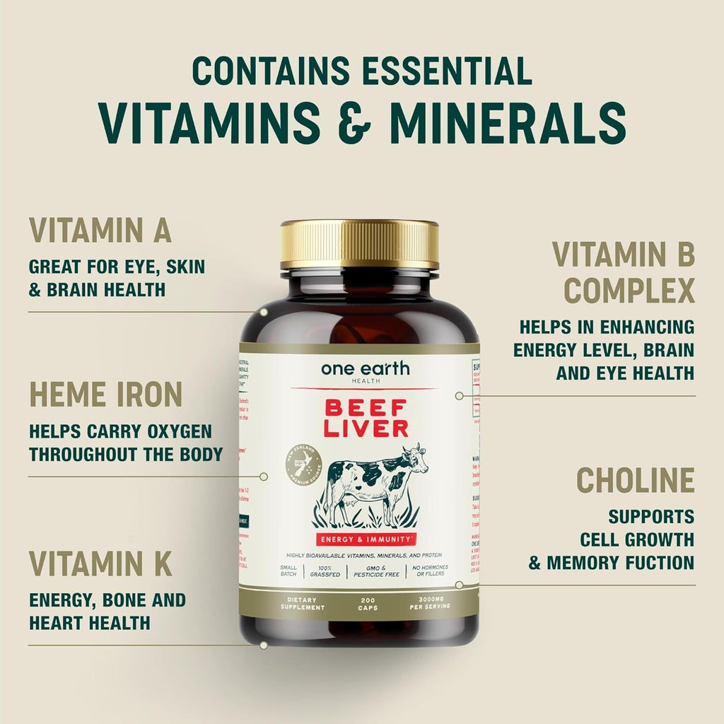 One Earth Health Grass Fed Beef Liver Capsules for Women & Men – Desiccated New Zealand Liver Supplement | Heme Iron, B12 & Folate | Grass-Fed & Finished | 3,000Mg, 200 Capsules