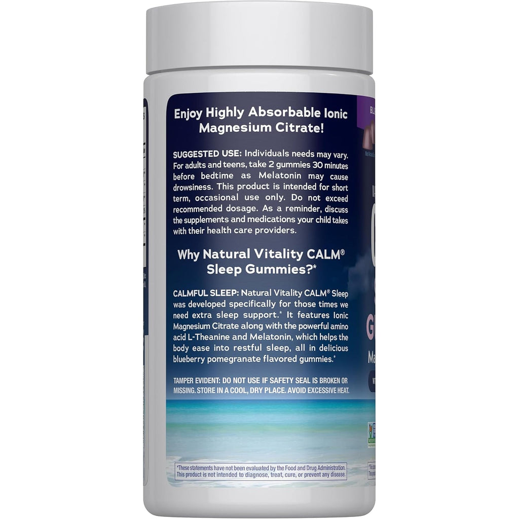 Natural Vitality SLEEP Gummies, Magnesium Supplement with Melatonin and L-Theanine, Vegan, Gluten Free, Helps the Body Ease into Sleep, Blueberry Pomegranate 120 Count