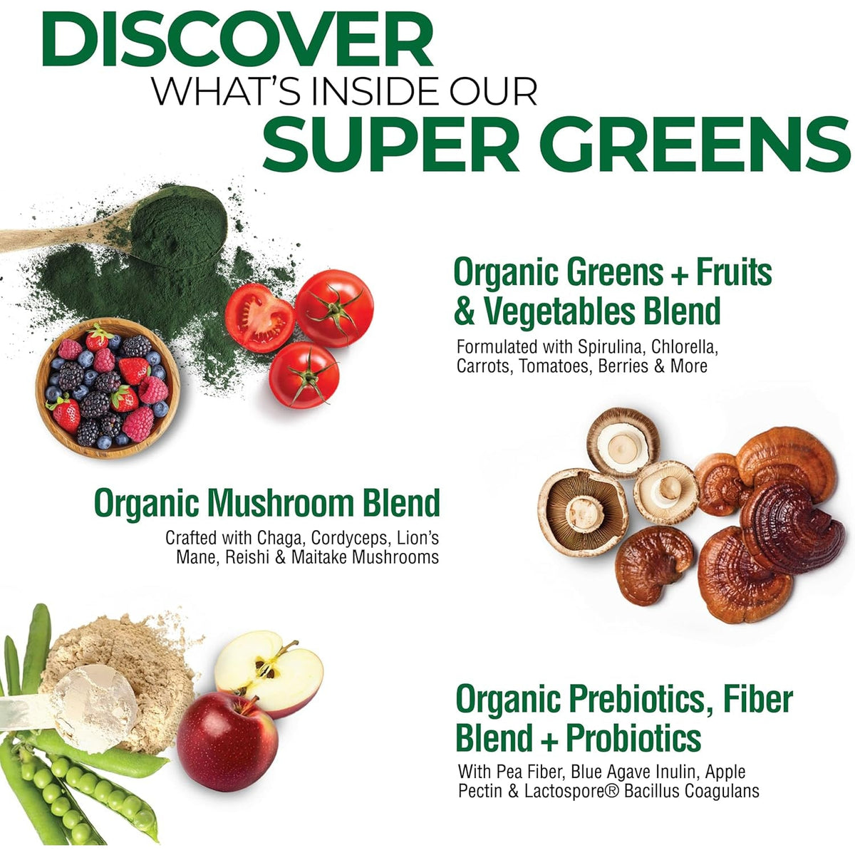 Country Farms Super Greens Natural Flavor, 50 Organic Super Foods, USDA Organic Drink Mix, Fruits, Vegetables, Super Greens, with Fiber, Mushrooms & Probiotics, Supports Energy, 60 Servings, 900G