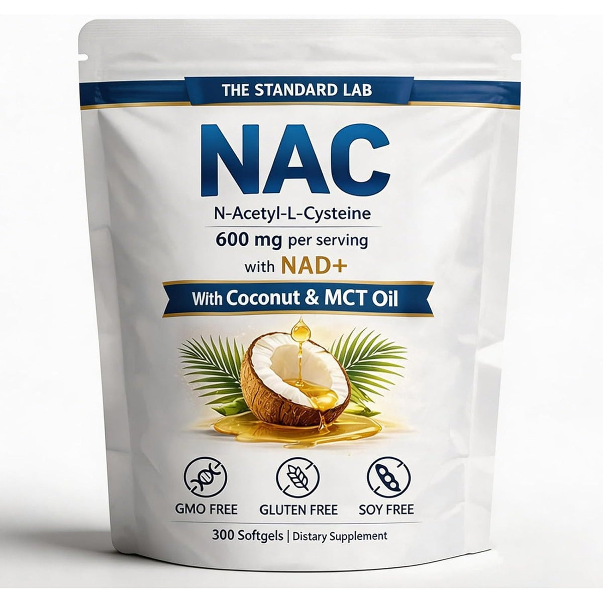 NAC 600Mg | N-Acetyl Cysteine with NAD+ & Coconut Oil | Nicotinamide Complex | Non-Gmo | 300 Count