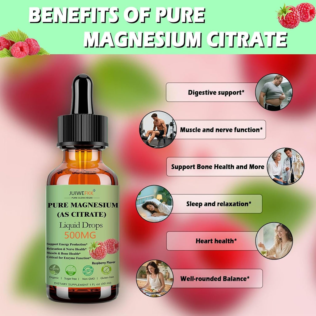 Pure Magnesium Citrate 500Mg Liquid Drops, High Absorption Chelated Calm Magnesium for Sleep Relaxation Muscle Bone Nerve & Brain Health, Gentle on Stomach, Non GMO, Vegan for Women Men & Kids