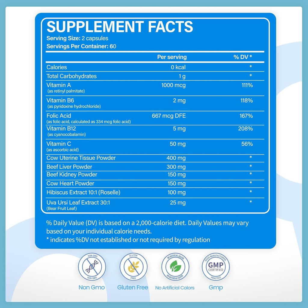 Beef Organ Supplements for Women, Beef Liver, Kidney, Heart, Uterus Tissue, Hormonal Balance, Immune Support,Natural Iron Vitamins Supplements for Energy, Grass Fed Pasture Raised 120 Capsules