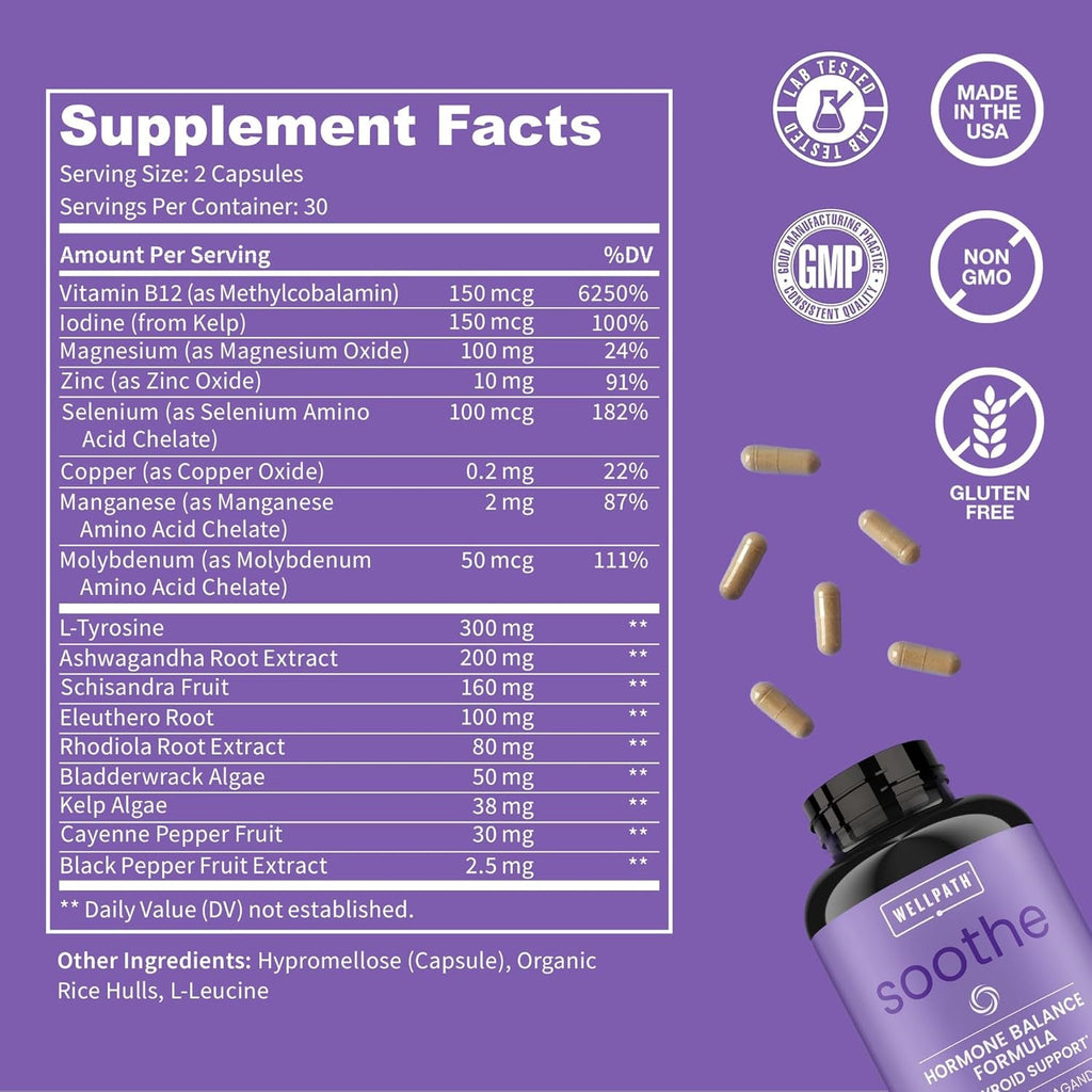 Wellpath Soothe Hormone Balance for Women - Thyroid Support for Women - Ashwagandha, Rhodiola, Iodine, Selenium & L-Tyrosine - Mood & Adrenal Support Supplement - Non-Gmo, Gluten-Free, 60 Ct