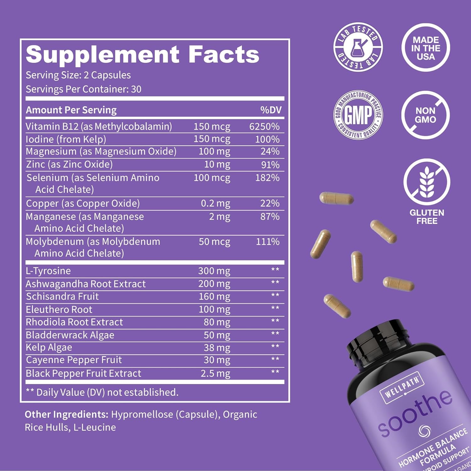 Wellpath Soothe Hormone Balance for Women - Thyroid Support for Women - Ashwagandha, Rhodiola, Iodine, Selenium & L-Tyrosine - Mood & Adrenal Support Supplement - Non-Gmo, Gluten-Free, 60 Ct