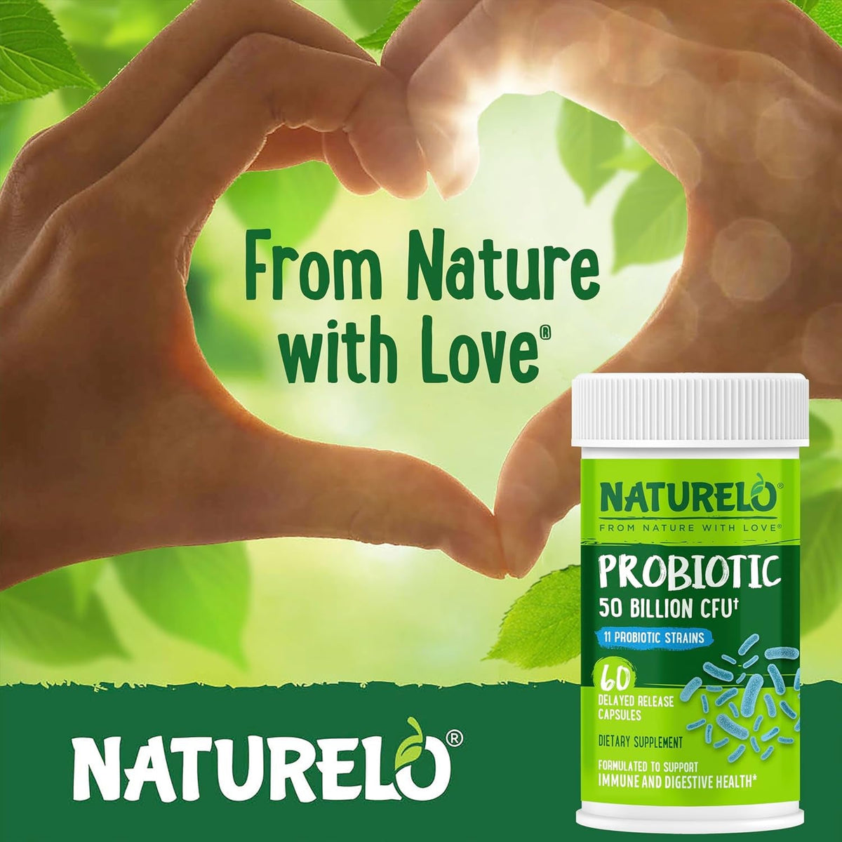 NATURELO Probiotics for Digestive Health, 50 Billion CFU, 60 Vegetarian Capsules, 11 Strains, Daily Use Supplement, Delayed Release, No-Fridge, Boosts Immune System, Probiotics for Women & Men