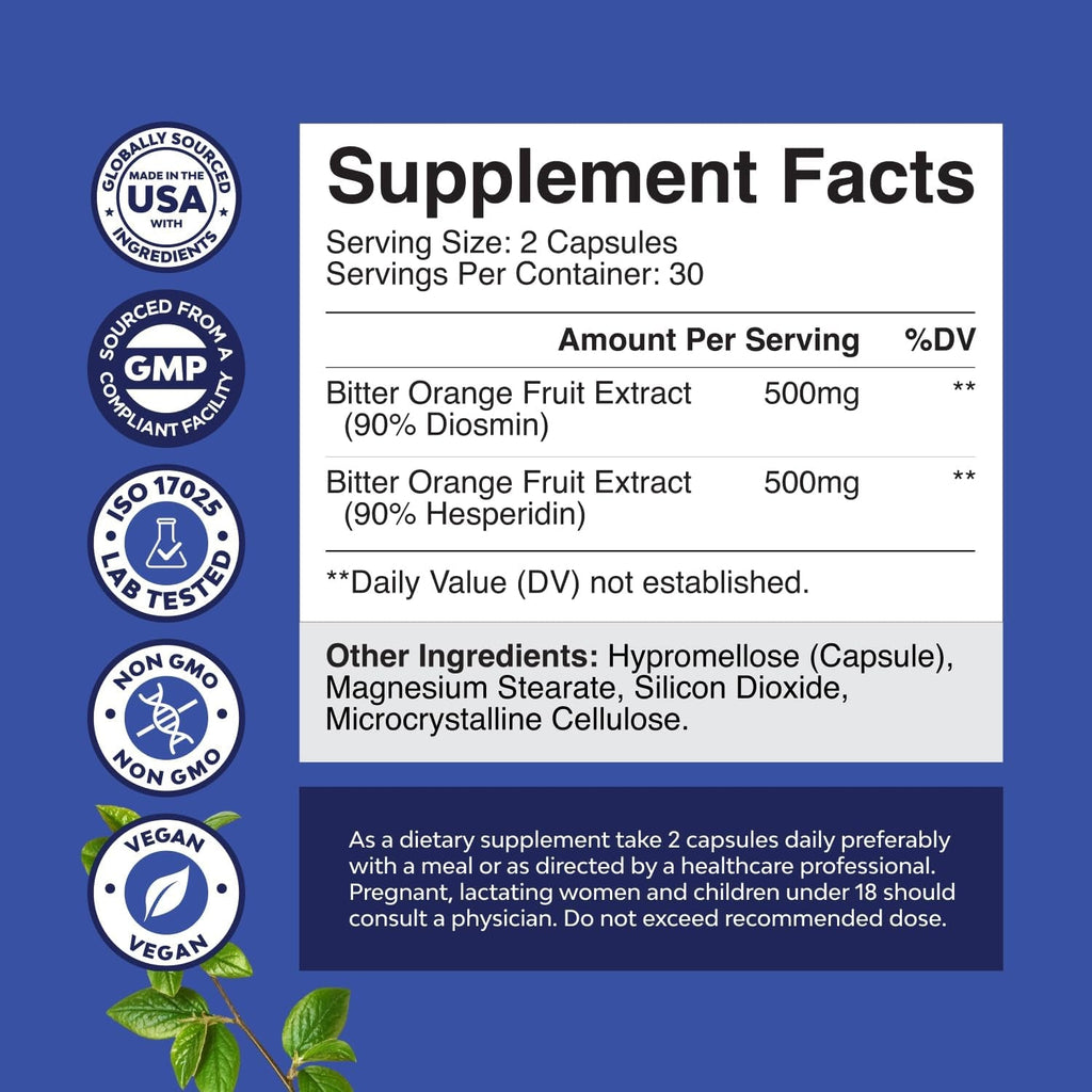 Diosmin Hesperidin 1000Mg Complex for Adults - Bitter Orange Supplement for Varicose Veins Support, Leg & Feet Blood Health - Diosmin & Hesperidin Supplements from Citrus Aurantium - 60 Count