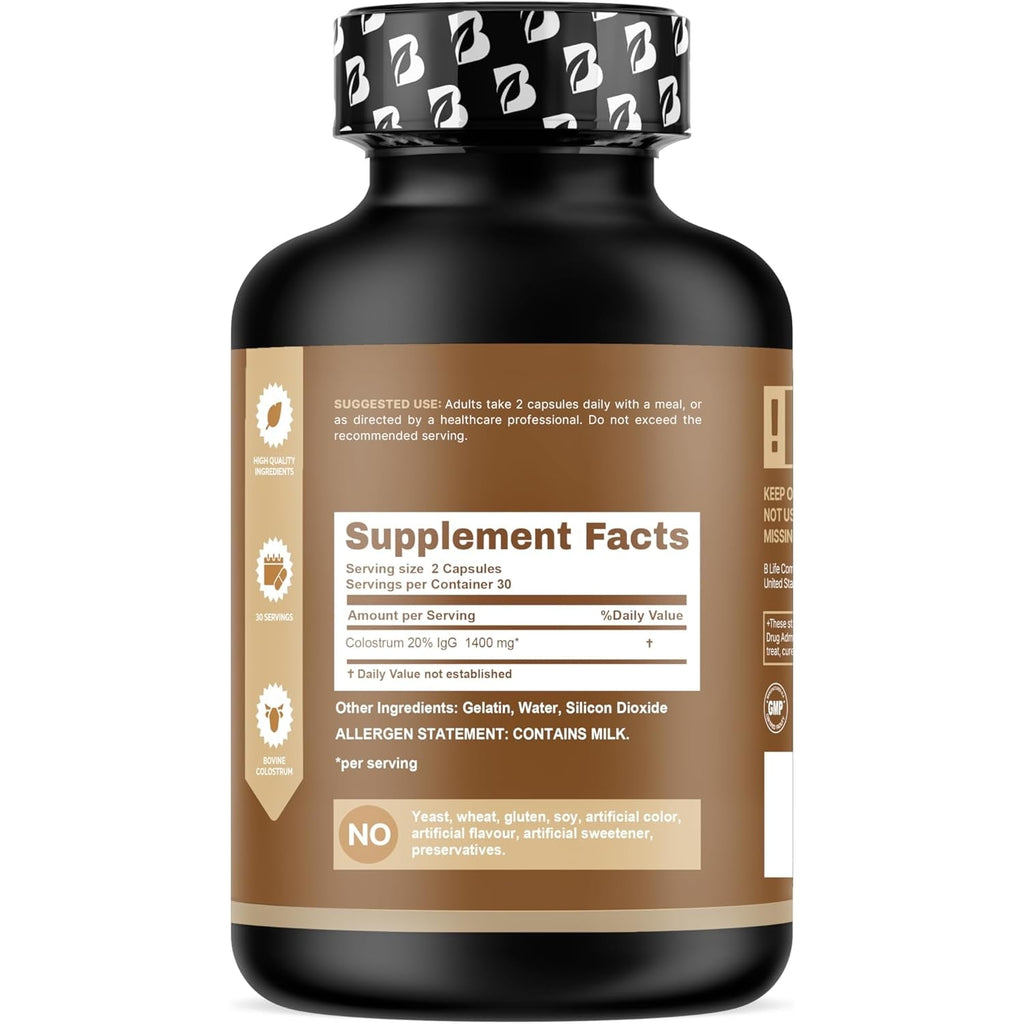 B Life Company Blife Bovine Colostrum Supplement 1400Mg – Immune & Gut Health Support – Colostrum Capsules for Digestive Health – Immune Support Supplement – 60 Capsules (30 Servings)