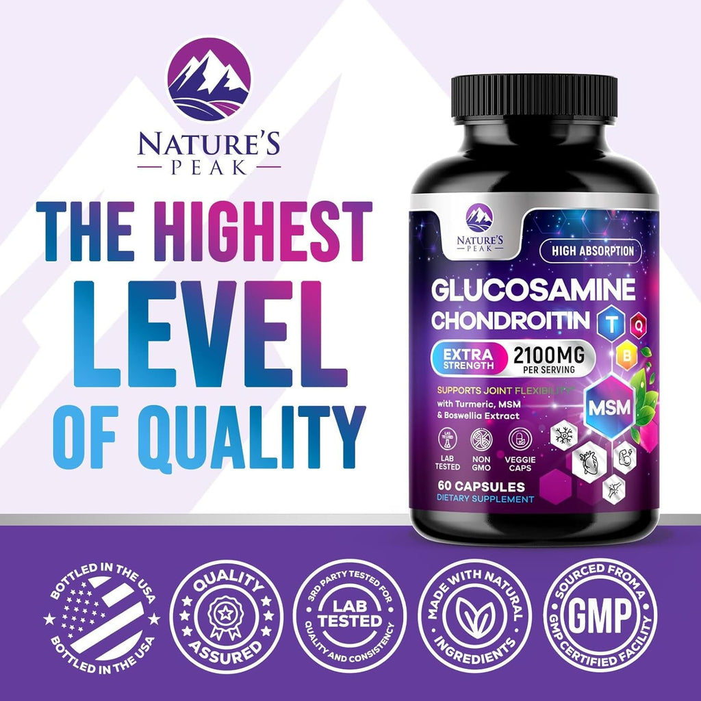 Glucosamine Chondroitin, MSM & Turmeric - Extra Strength Joint Support Supplement with 1500Mg Glucosamine Sulfate per Serving - for Cartilage, Joint Health & Flexibility - Bottled USA - 60 Capsules