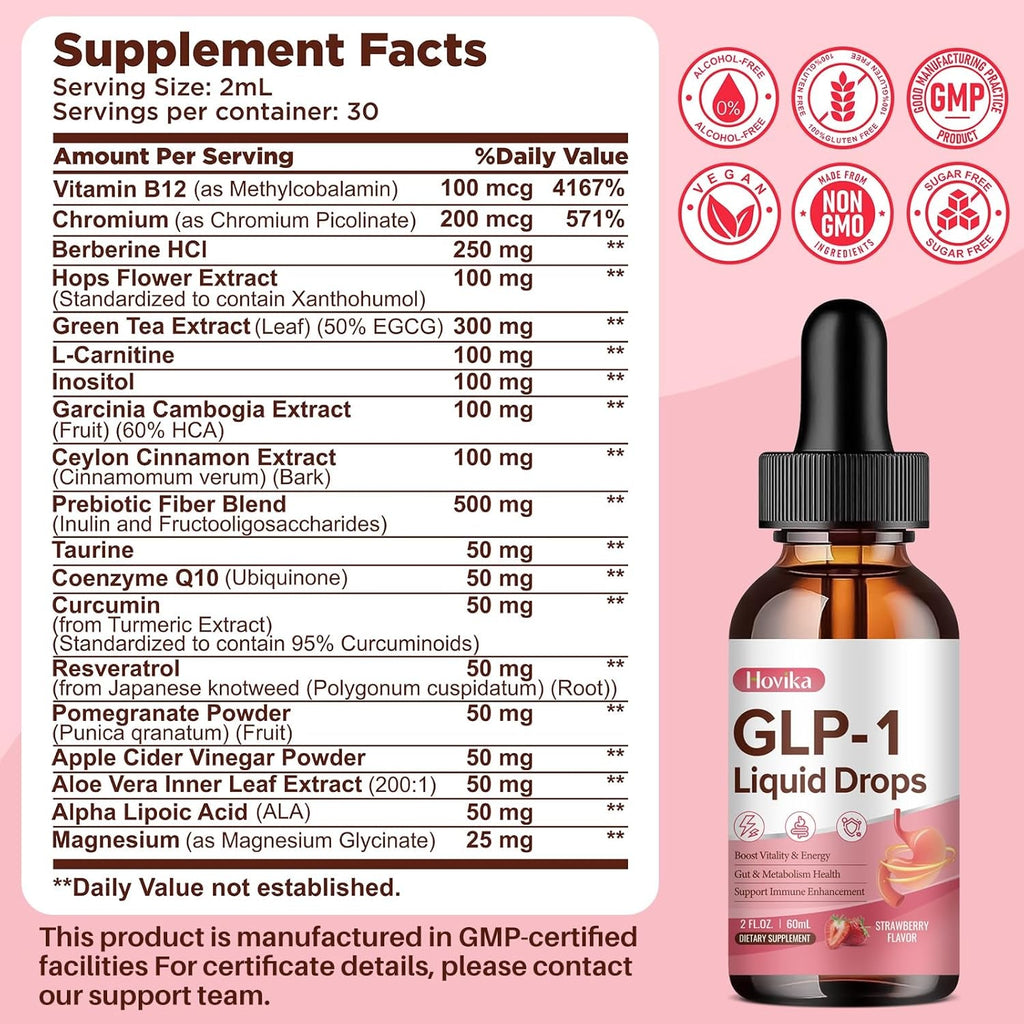 GLP-1 Supplement, GLP-1 Support Liquid Drops with Berberine, Chromium, Ceylon Cinnamon, Green Tea & Hops Flower Extract, GLP-1 Supplement for Gut & Metabolism Health, Vegan, Strawberry Flavor, 2 Fl Oz