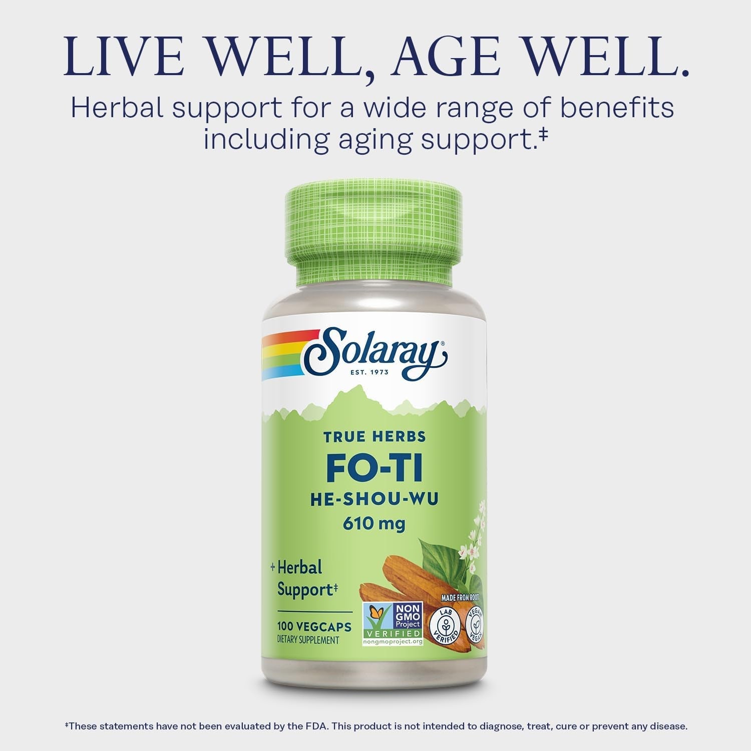 SOLARAY Fo-Ti Capsules - Chinese Herbal Supplement for Men & Women, Support for Herbal Wellness, Vegan, Non GMO, & Lab Verified, 610 Mg - 100 Servings, 100 Veg Caps